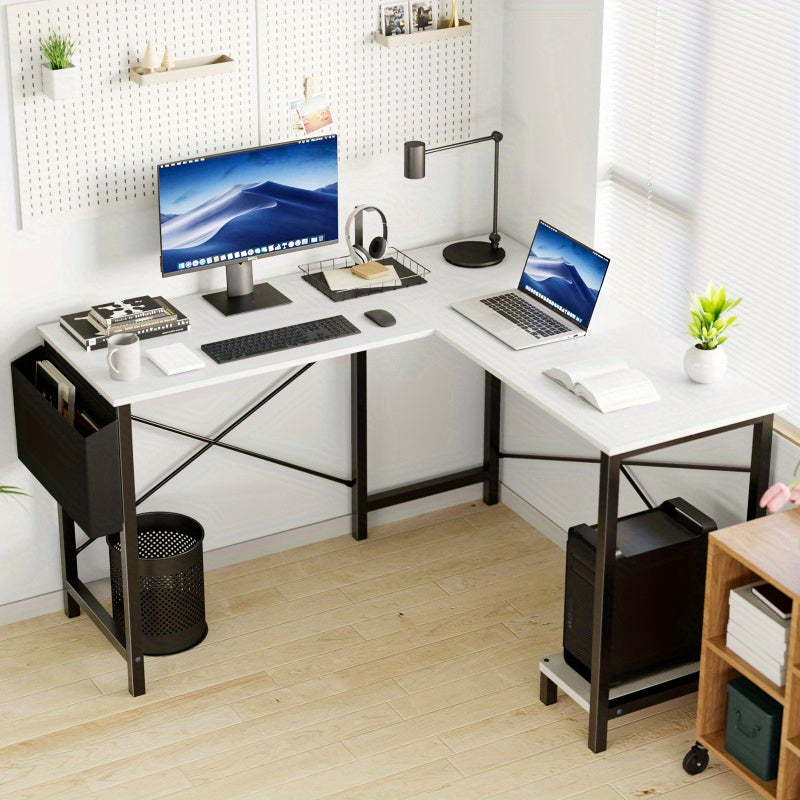L-Shaped Corner Computer Desk with Storage Pocket | Wooden Home Office / Gaming