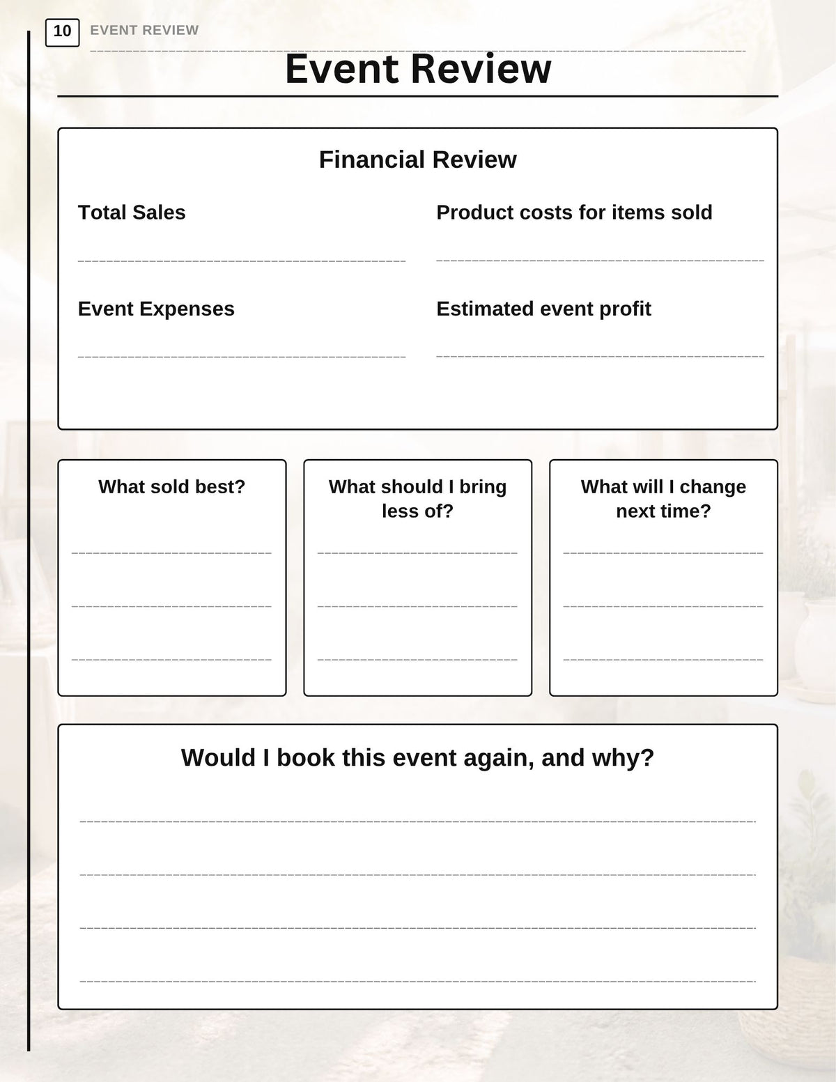 A printable event review worksheet page with labeled boxes for financial review fields such as total sales, product costs for items sold, event expenses, and estimated event profit, plus reflection prompts.