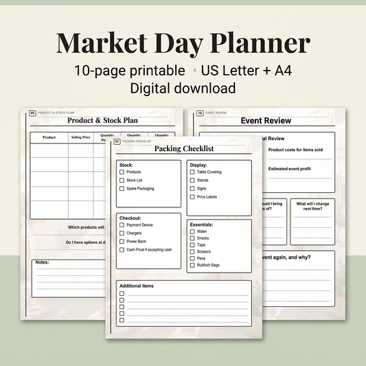 Market Day Planner cover featuring three worksheet previews